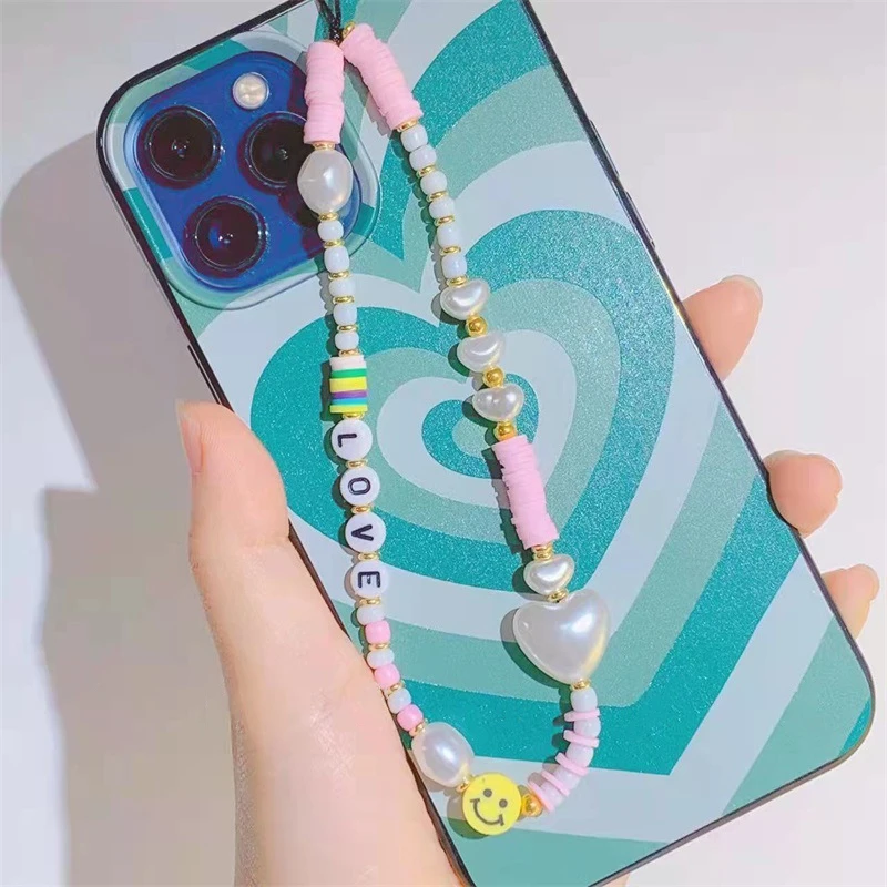 

Fashion Bohemian LOVE Letter Heart-Shaped Pearl Rice Beads Pink White Soft Pottery Women's Phone Chain Jewelry Accessories Gifts