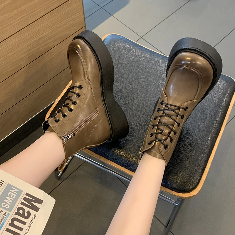 

Woman Thick Sole Pu Leather Shoes Botas De Mujer New High Quality Platform Ankle Boots Women Cross Strap Warm Plush Winter Boots