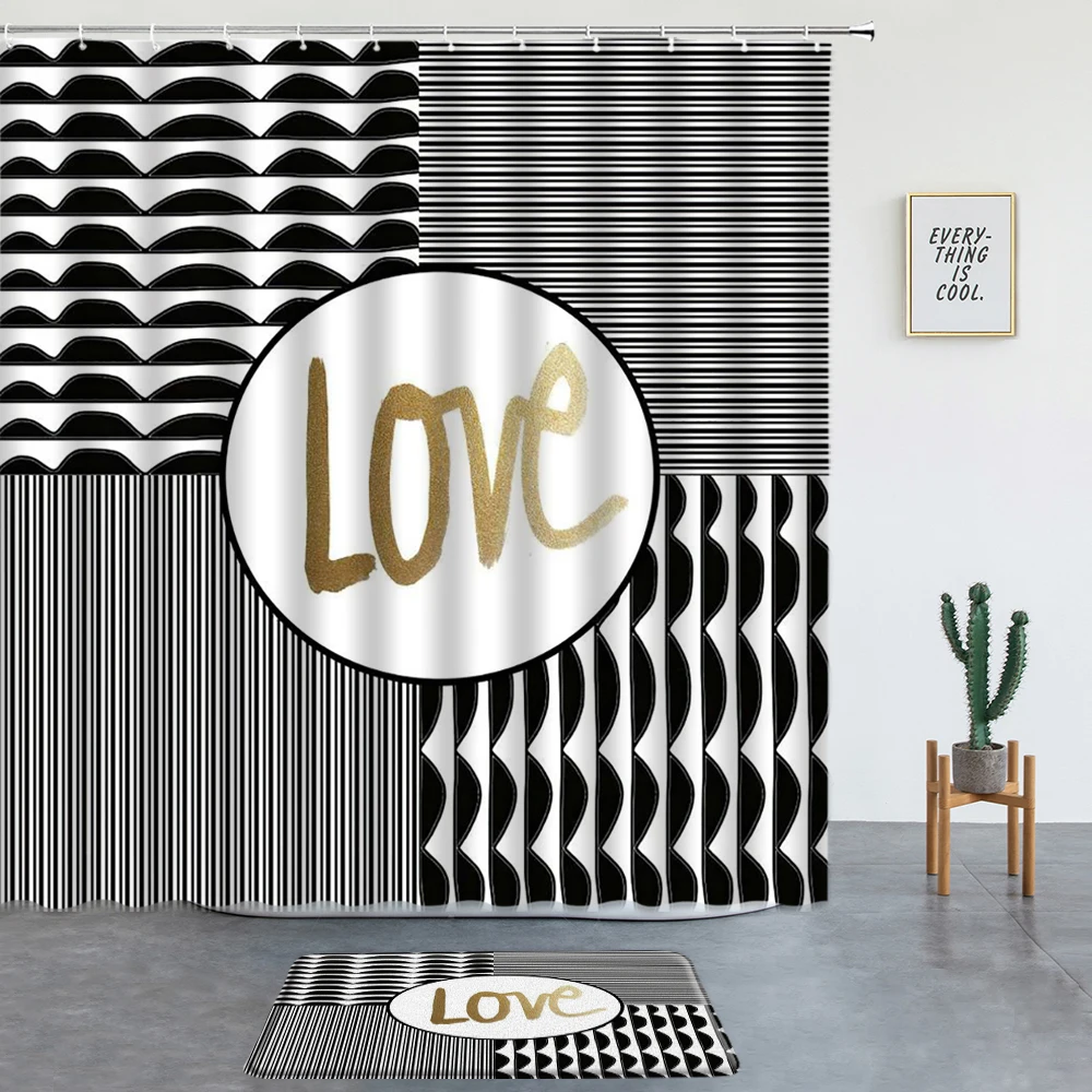 

Black And White Stripes Print Shower Curtains Bohemian Washable Waterproof Fabric Geometric Bathroom Art Decoration With Hooks