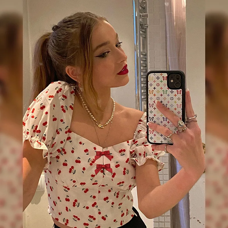

Taytayvola NEW 2021 Top Women White Sweet Square Neck Long Puff Sleeve Ruched Drawstring Crop Top Autumn Woman Party Blouse