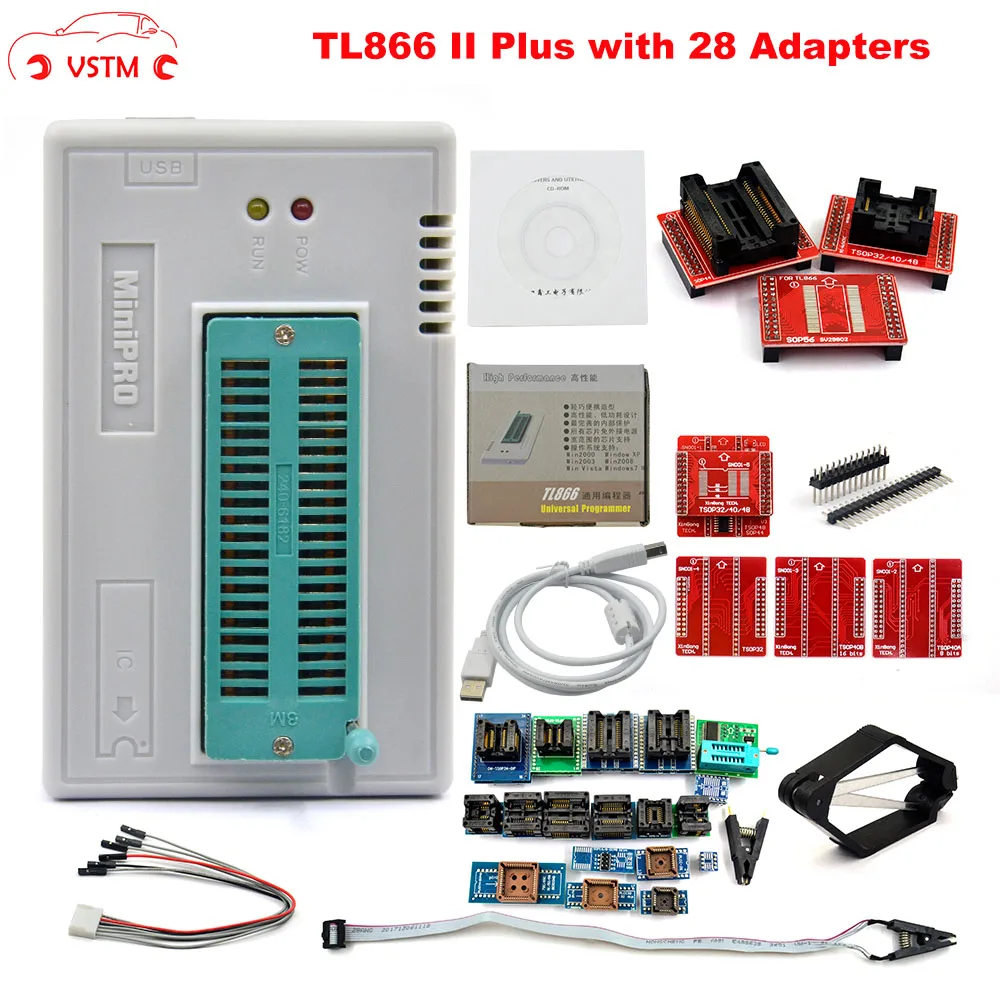 

100% Original New V9.0 TL866II Plus Universal Minipro Programmer+28 Adapters+Test Clip TL866 PIC Bios High speed Programmer