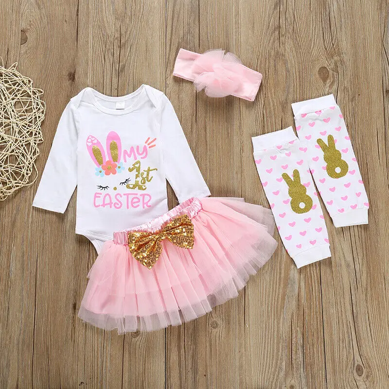 

Newborn Baby Girls Easter Clothes Long Sleeve Top Printed Bodysuit Romper + Tutu Lace Skirt Outfits