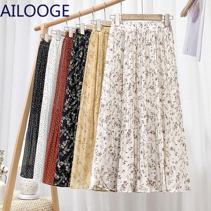 

Women Summer Chiffon Pleated Skirt Korean Elastic Waist Floral Print Elegant Office Long Skirts Faldas Beach Wear Faldas