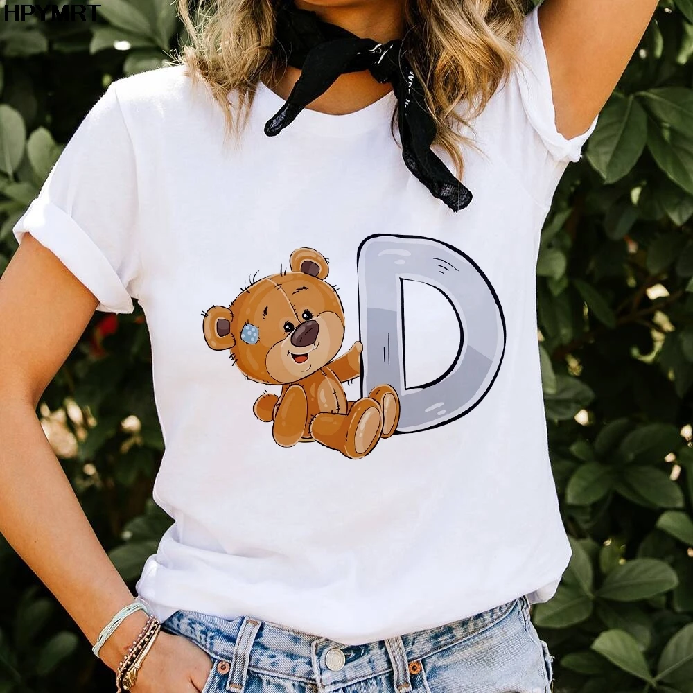 

Kawaii Bear 26 Letter Print Women T-shirt Harajuku Short-Sleeved Tshirt Casual Tee Top Fashion T shirt Female Clothes Streetwear