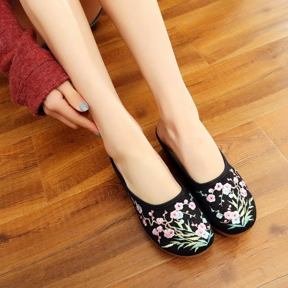 

Vintage Floral Embroidered Ladies Casual Canvas Wedge Shoes Medium Heel Summer Female Comfot Slides Slippers Sandials Mujer