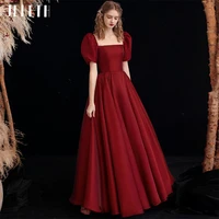 jeheth red short puff sleeves satin prom dresses square neck lace up backless party graduation gown floor length robes de soir%c3%a9e