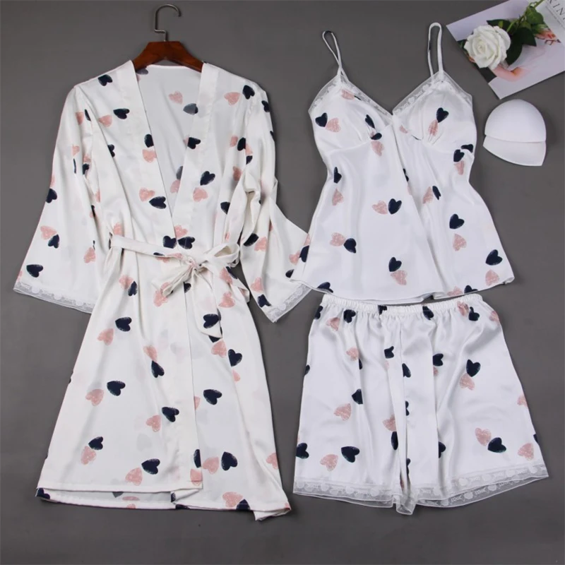 

JULY'S SONG 2020 Spring Summer Women's Pajamas Set Faux Silk Sleepwear Heart Printed Satin Nightgown 3PCS Lace Slings Shorts