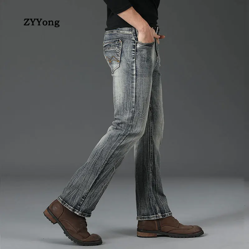Retro Flared Jeans Men's Boot Cut Slightly Flare Slim Retro Blue High Quality Stretch Slim Classic Casual Pants Gray Trousers