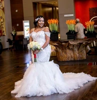 mermaid wedding dresses crystal pearls ruffle long train spaghetti straps african bridal wedding gowns