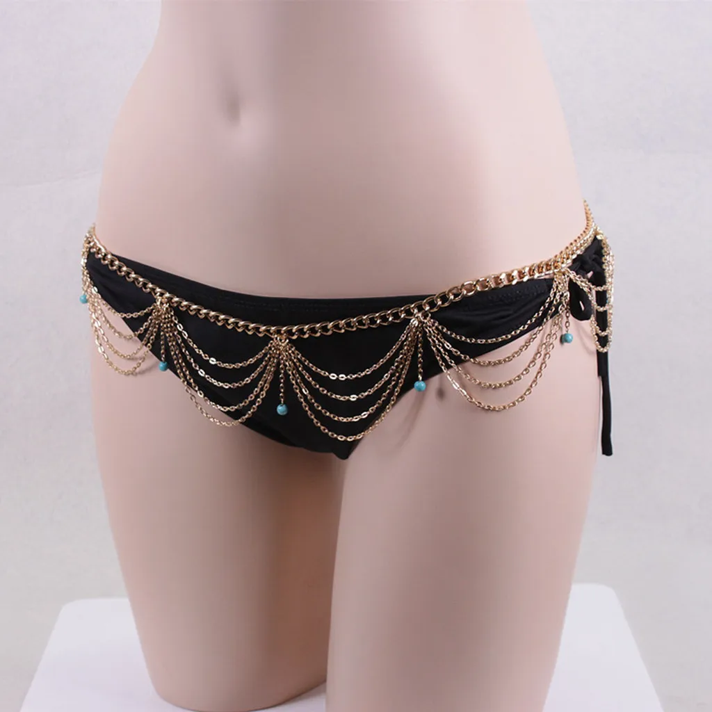 

Women Gold Bikini Multilayer Tassel Waist Belly Harness Body Chain Necklace