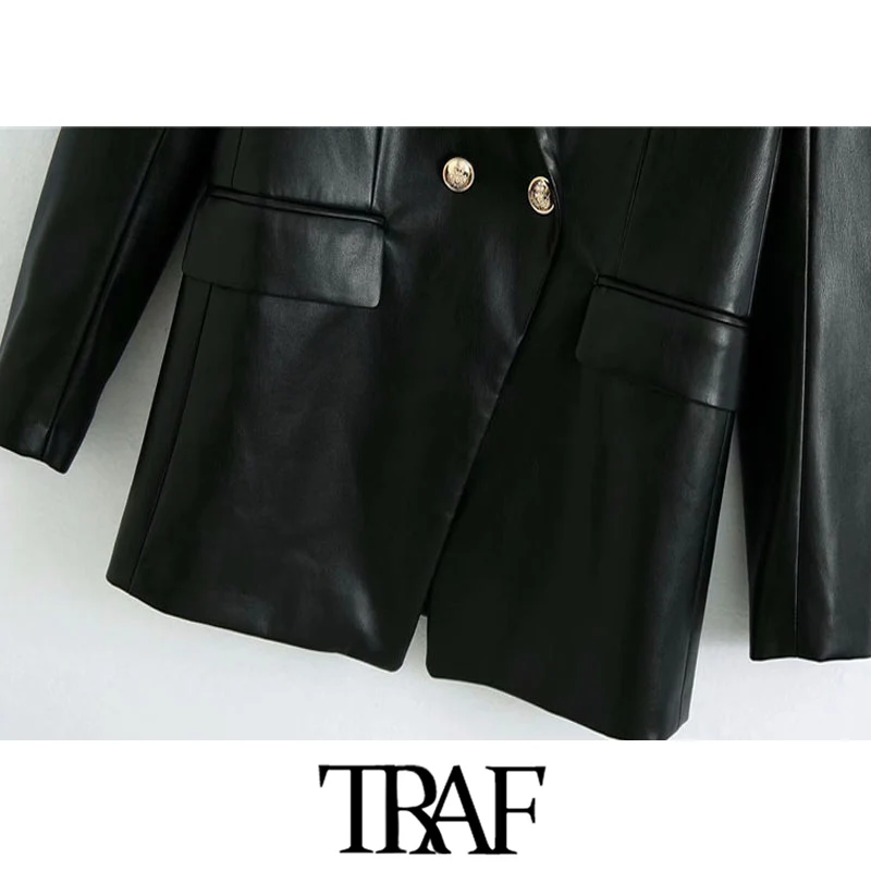 

TRAF Women Fashion Double Breasted Faux Leather Blazers Coat Vintage Long Sleeve Back Vents Female Outerwear Chic Tops