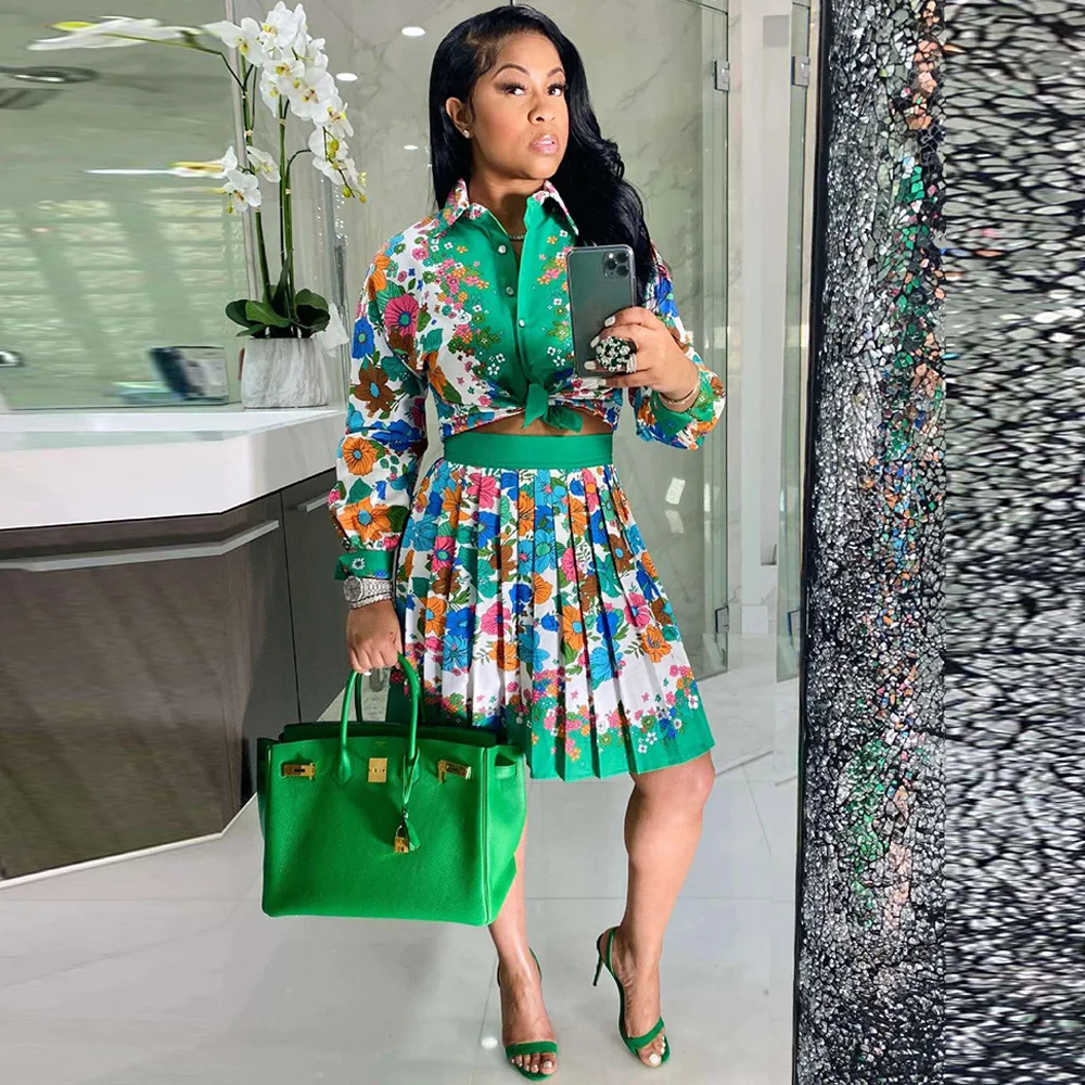 

Женский клубный комплект из двух предметов, блузка с отложным воротником и длинным рукавом + плиссированная мини-юбка