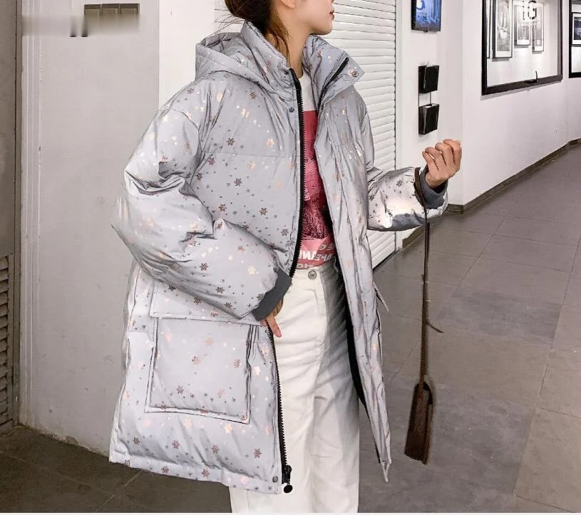 

Zoulv Short Warm Coat Snowflake Sequin Parka Cotton Padded Jacket Winter Women Streetwear Down Parka Oversize Reflective Jacket