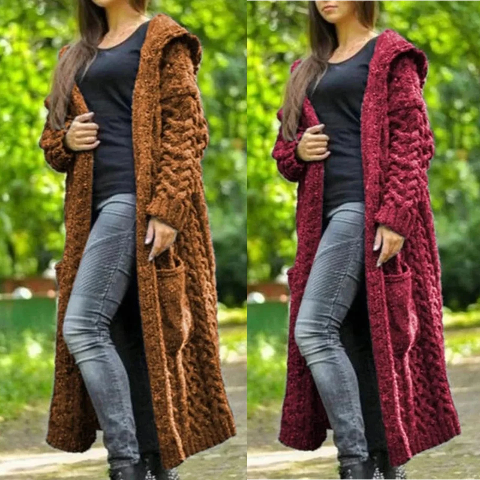 

Casual Knitted Long Outerwear with Hood Thick Long Cardigan Sweater Women TY66