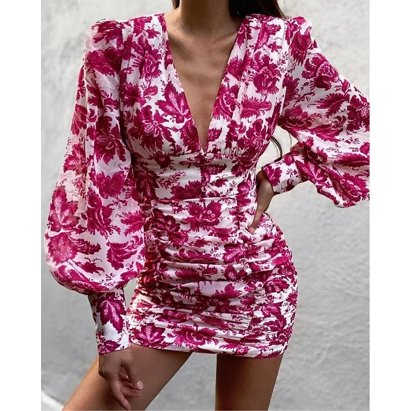 

Women Robe Femme Print Pencil Dresses Shrinakge Button Deep V Neck Long Sleeve Slim Hips Mini Dress For Woman Vestido De Mujer