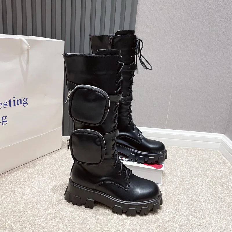 

2021 Autumn New Knee-High Boots Women Black Motorcy Boots Round Toe Slip-On Botas De Mujer Sexy Winter Shoes Women Botas Mujer