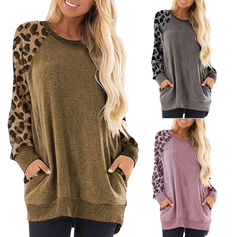 

Women's Leopard Printed Sweatshirt Autumn New Round Collar Pullover Fashion Loose Long Sleeve Top Hoodie