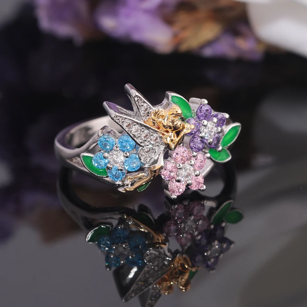 CiNily Angel Multicolor Crystal Zircon Flower Silver Plated Women Ring Jewelry Cocktail Party Fully-Jewelled Female Size 6-10 | Украшения и