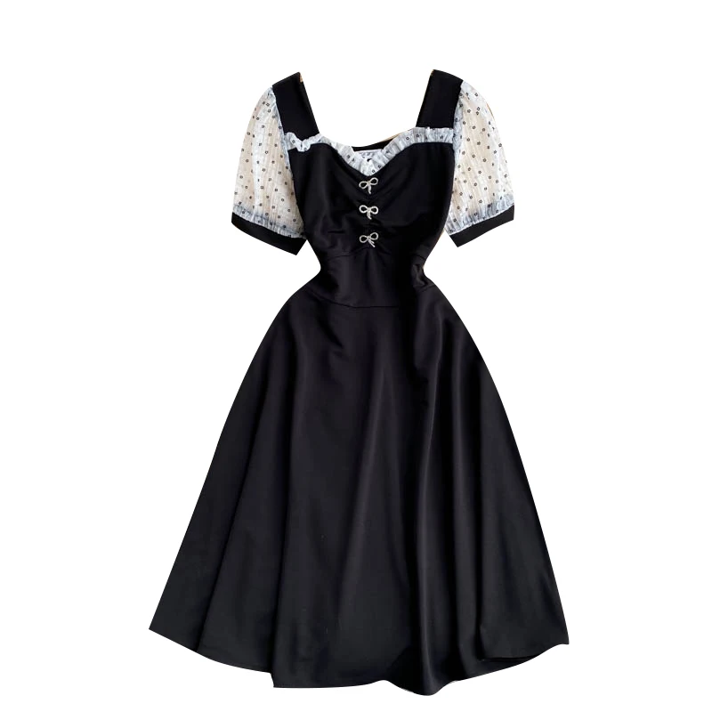 

Women New Fashion Summer Square Neck Star Bubble Sleeves Stitching Sweet Wood Ear Slim Dress 2021 Elegant Clothes Vestidos T443