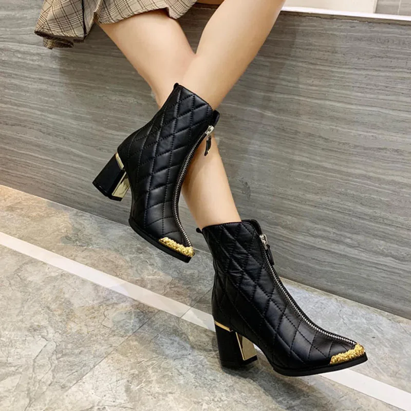 

2020 Soft Leather Ankle Boots Gold Metal Round Toe Front Zipper High Heel Botas De Mujer Fashion Short Boots