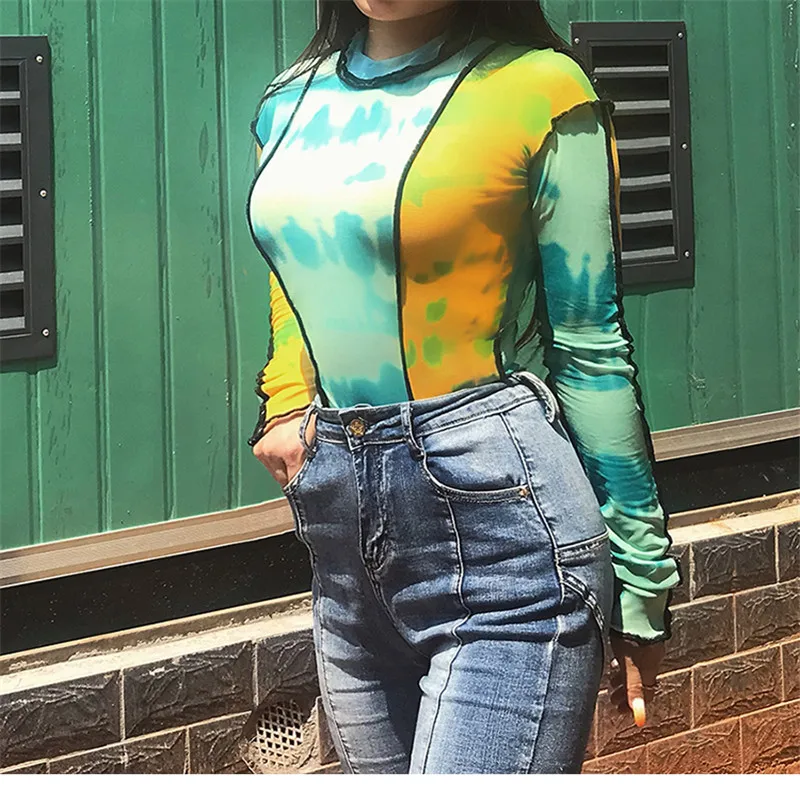 Модная футболка BOOFEENAA, женские футболки с графическим принтом Tye Dye, Лоскутная Прозрачная Сетчатая футболка с высоким воротом и длинным рукавом, уличная одежда, C94-AZ15