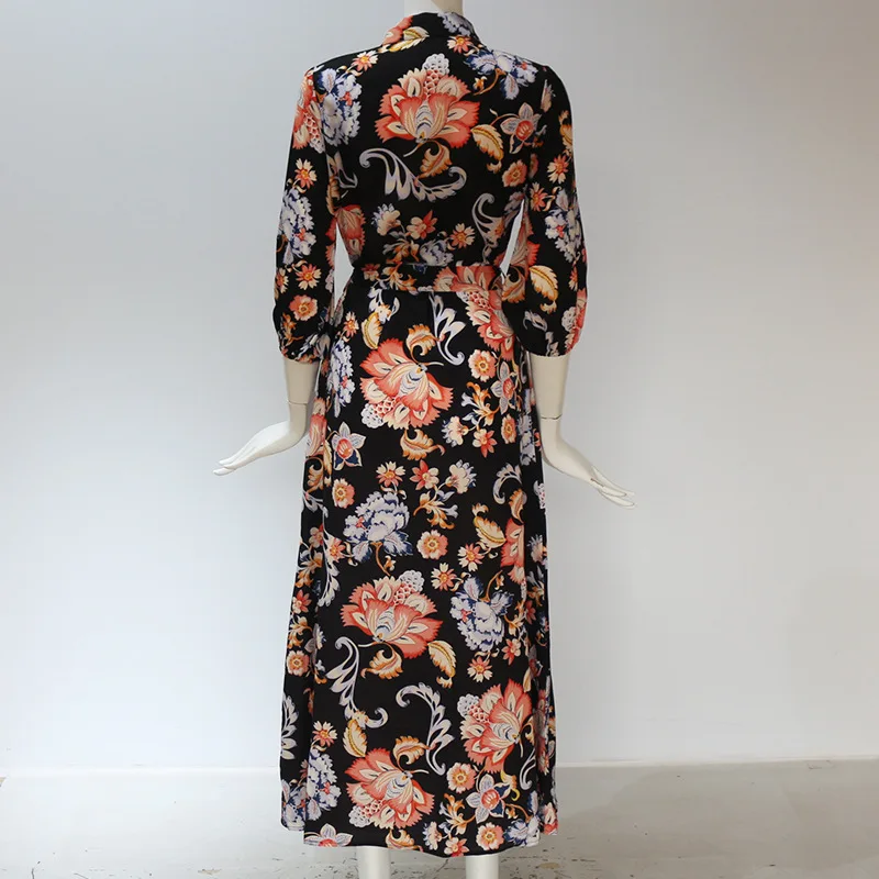 

Floral Print Long Maxi Dress Women Casual Turn Down Collar Shirt Dress Three Quarter Sleeve Bohemian Sashes Dresses