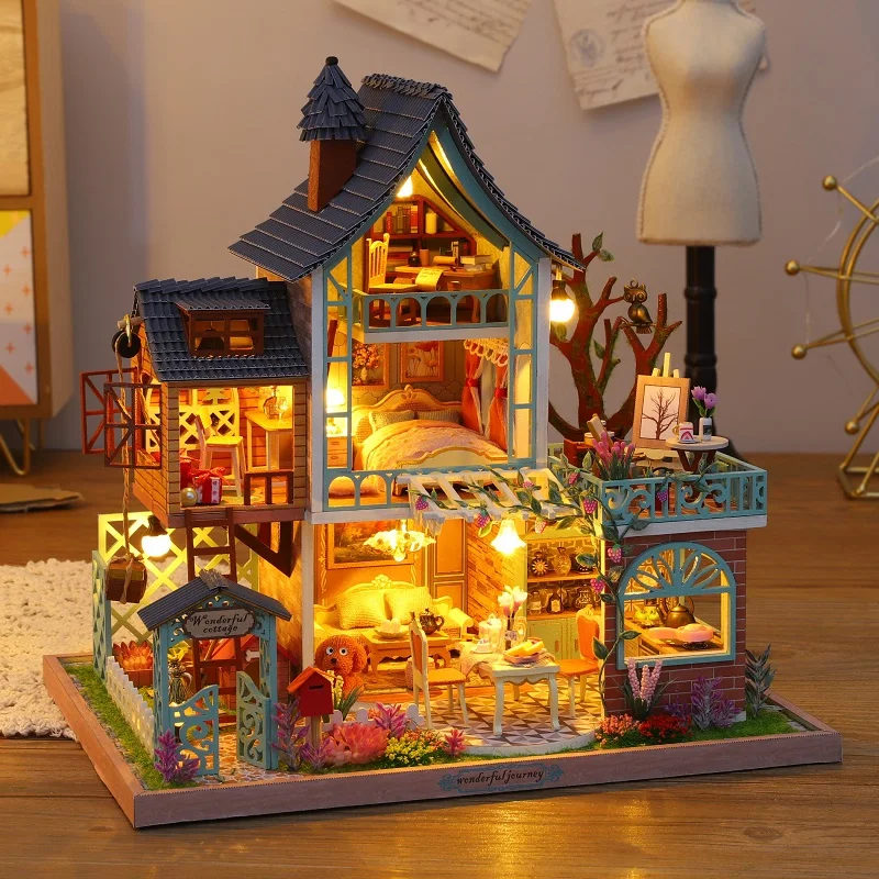 assemble diy dollhouse wooden doll houses miniature doll house furniture kits casa music led toys for children birthday gifts free global shipping