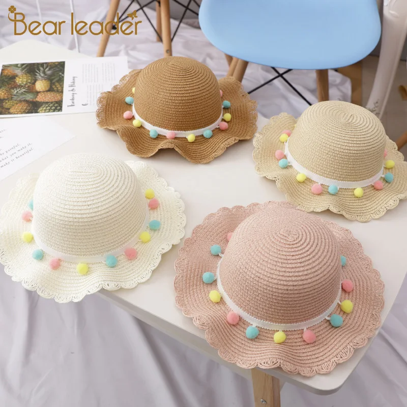 

Bear Learder Kids Girls Hats 2021 New Fashion Summer Lace Flowers Caps Breathable Straw Hat Elegant Sunhat Lovely Baby Bonnet
