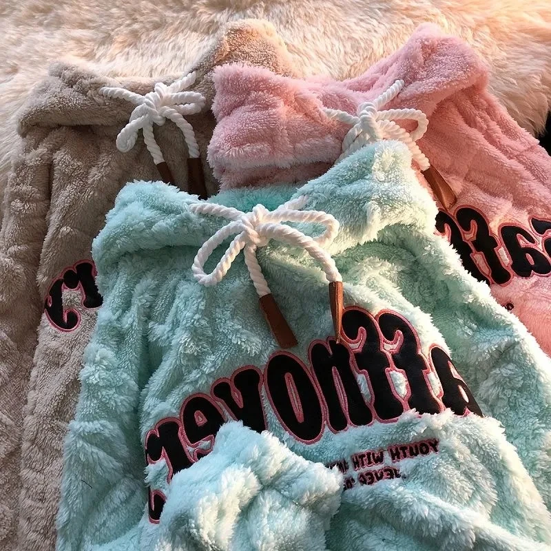 

Japanese street Y2K lamb wool sweater sweet plus velvet thick warm women loose casual hooded jacket oversize sports cardigan