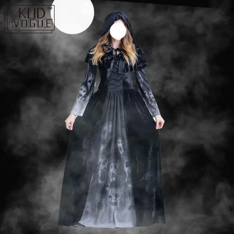 Длинное черное платье в готическом стиле для взрослых на Хэллоуин костюмы с