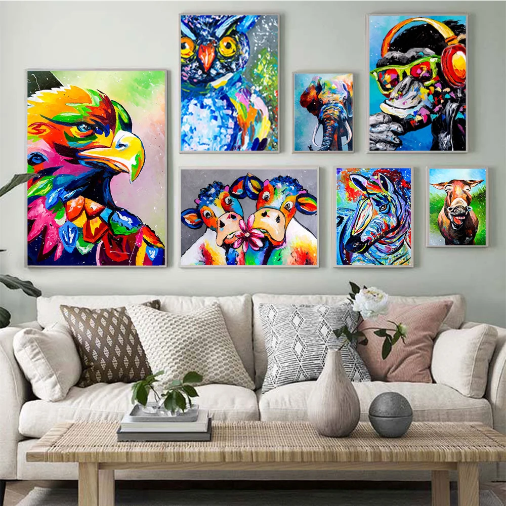 

Animal Canvas Painting Wall Art Abstract Cow Zebra Elephant Monkey Poster and Print Oil Painting for Living Room Wall Decor
