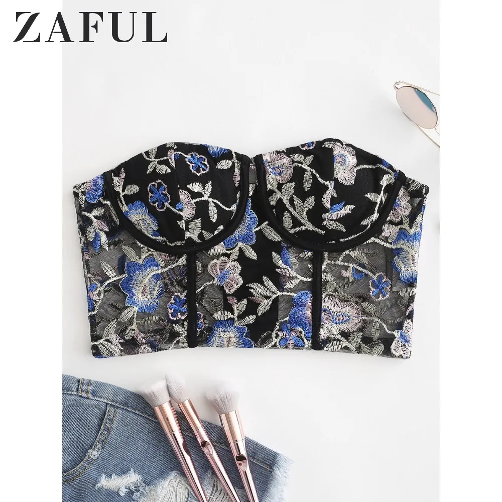 ZAFUL сеточка вышитая цветами майка на косточках укороченный топ крючках Топ без