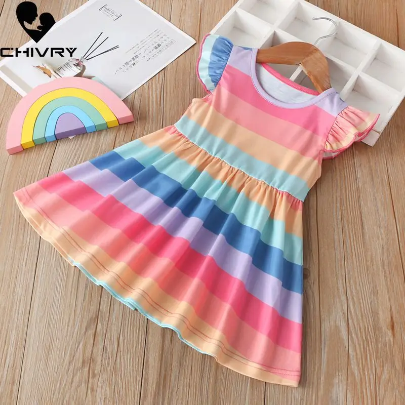 

New 2020 Summer Dresses Baby Girls Rainbow Striped Print Short Sleeve O-neck A-line Summer Princess Dresses for Little Girls