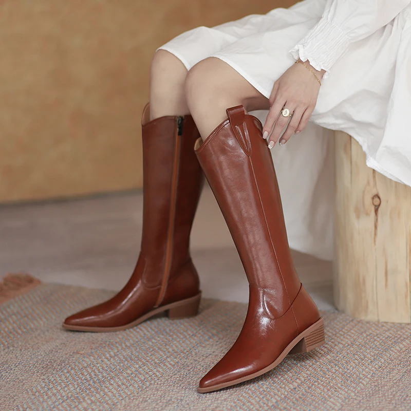 

Женские свадебные туфли на каблуке, привлекательные осенние сапоги до колена из натуральной кожи с боковой молнией и острым носком, 2021