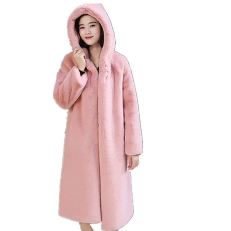 Winter Faux Rex rabbit Fur Coat Women Luxury Fluffy Long OverCoat Loose Hooded Fur Jacket Female Thick Warm Plush Outwear A102