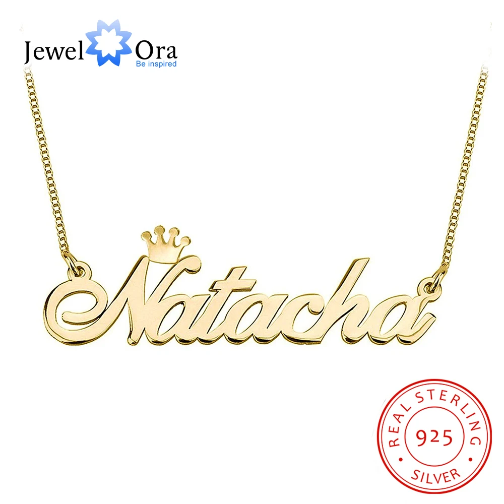 Индивидуальное женское серебряное ожерелье с именной табличкой JewelOra короной