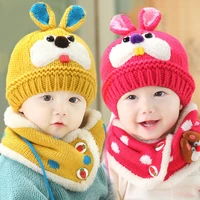 winter baby boy girls warm cartoon knitted hats with hair ball earbudneck scarf 2 pcs set for 0 2t baby toddler headdress