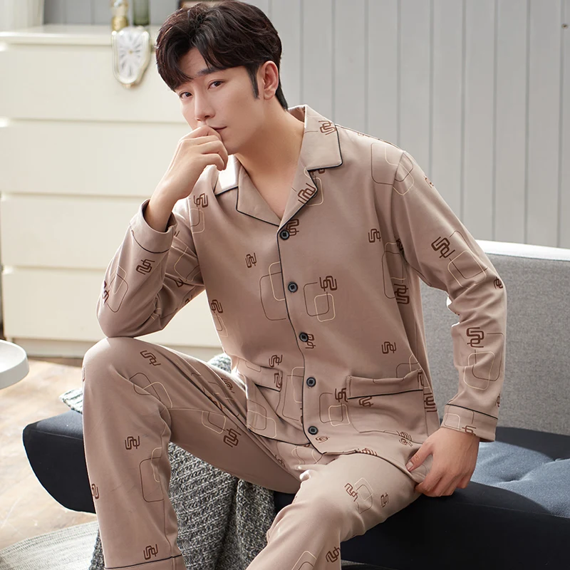 

New Autumn Winter Men Sleepwear Set Long Sleeve Father Pajama Set Pure Full Cotton Pajamas for Men Underwear Clothes Home Wear