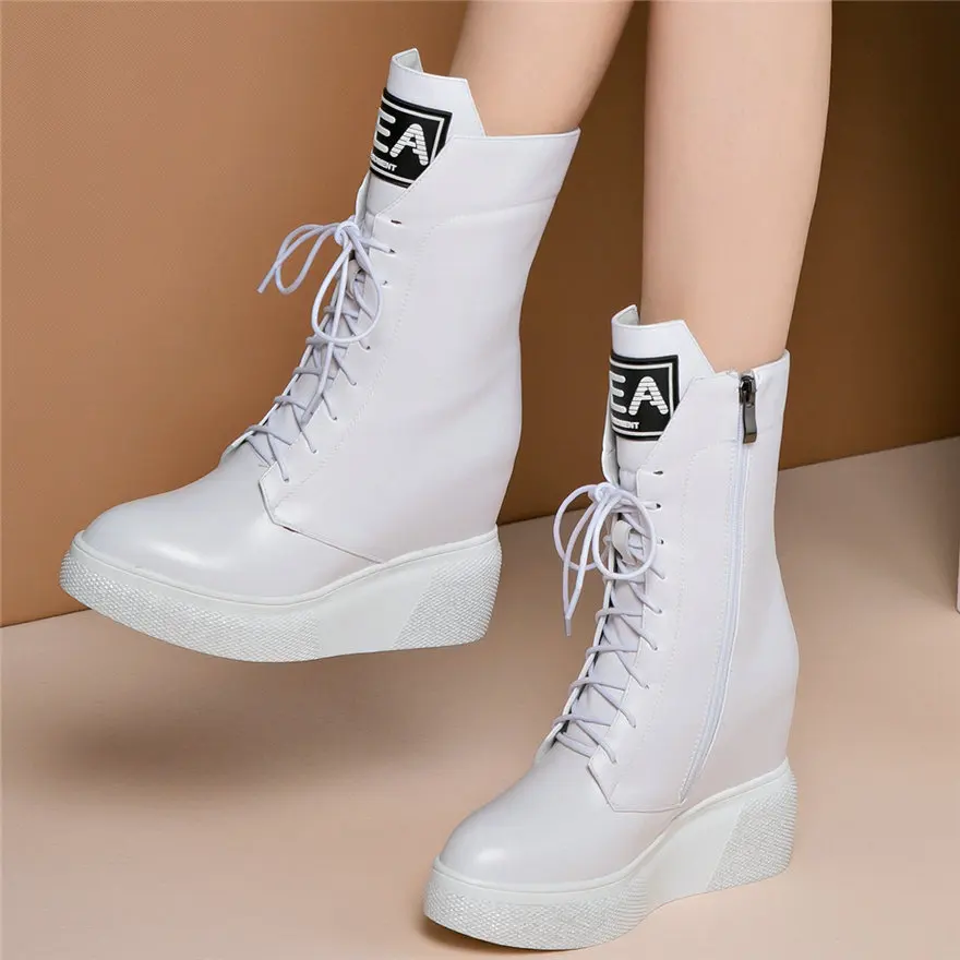Punk Creepers Women Lace Up Genuine Leather Wedges High Heel Ankle Boots Female High Top Round Toe Fashion Sneakers Casual Shoes