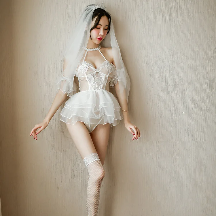 

Erotic lingerie ladies sexy temptation transparent white wedding bridal suit