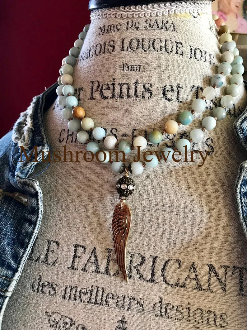 Long Wing Charm For Women Necklace  Natural Amazonite Bead Stone Necklace Wings