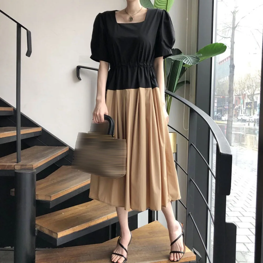 

2021 Summer New Products Korean Fashion Sweet Contrast Color Stitching Retro Drawstring Women's Dress Square Collar Puff Sleeve