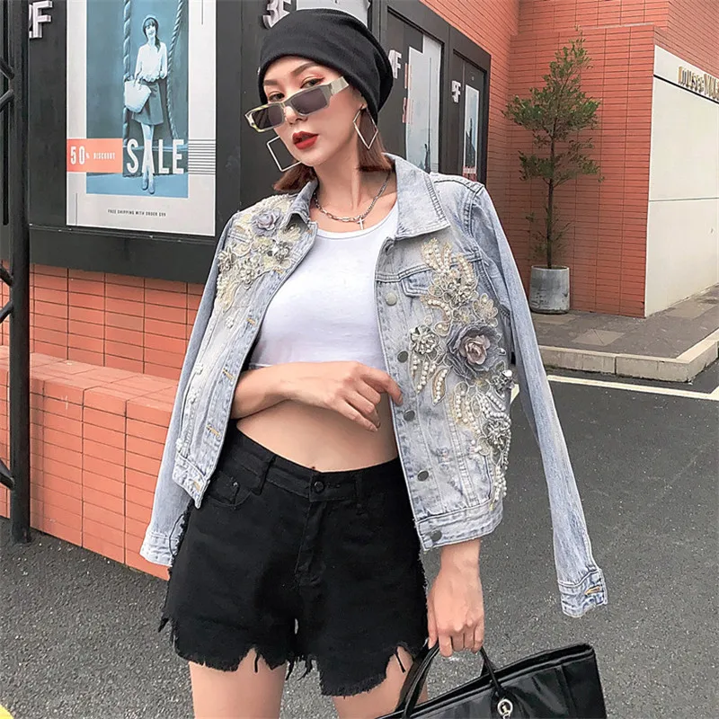 

Модная женская одежда, Новинка осени 2021, джинсовая куртка с длинным рукавом и цветочной вышивкой, блестками и бусинами, короткое пальто, Жен...