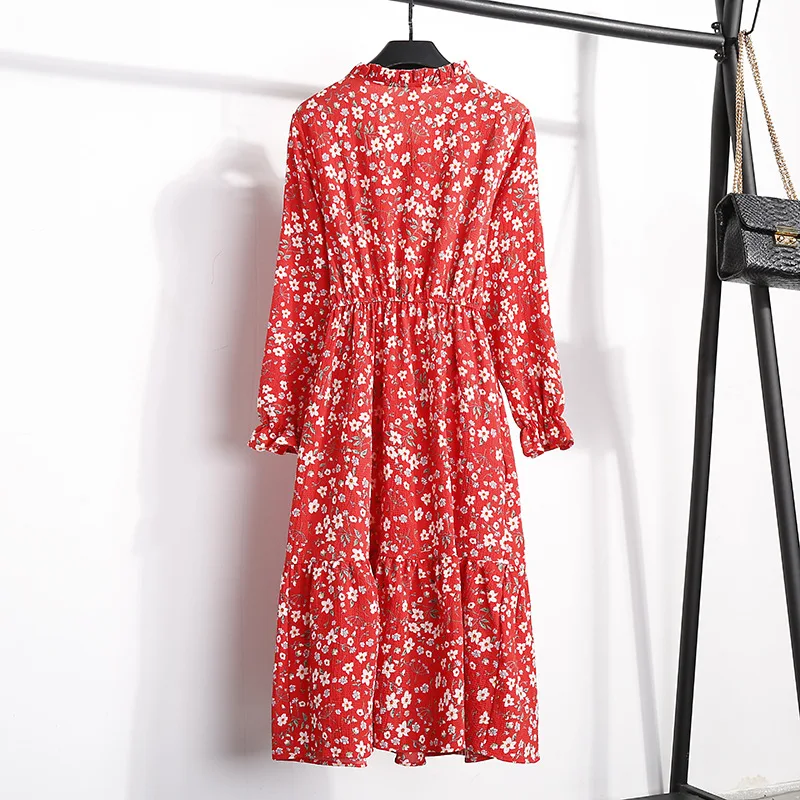 

Ruffles Chiffon Dress For Ladies 2020 Autumn Long Sleeve Printed Floral Dress Womens Elastic Waist Dress Elegant Vestidos Mujer