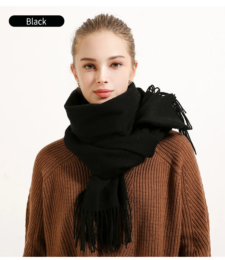 Зимний женский шарф из шерсти, большие размеры, бренд, уличные теплые шарфы для женщин, одноцветные шарфы из пашмины и шерсти с кисточками