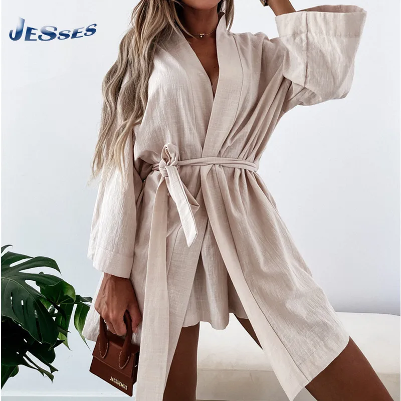 

Summer Loose Ladies Spring Autumn Long Sleeves V-Neck Dress Cotton Linen Sexy Lace Up Dress For Women 2021 Casual Vestidos