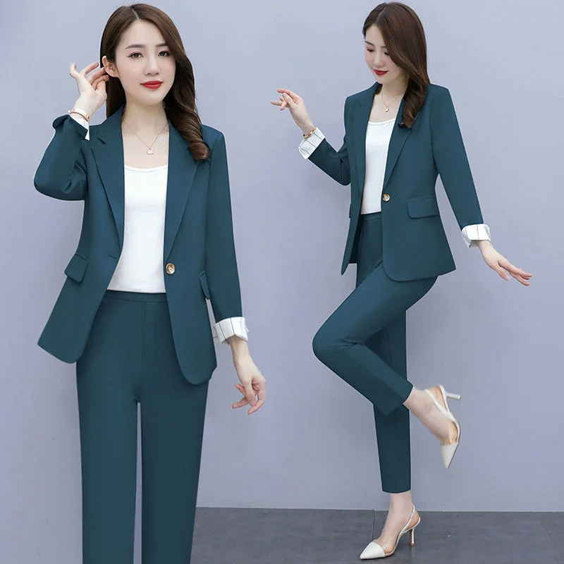 

2021 Two Pieces Set Women Single Botton Work Blazer Suits Slim Loose Casual Pants Blazers Jackets With Trouser