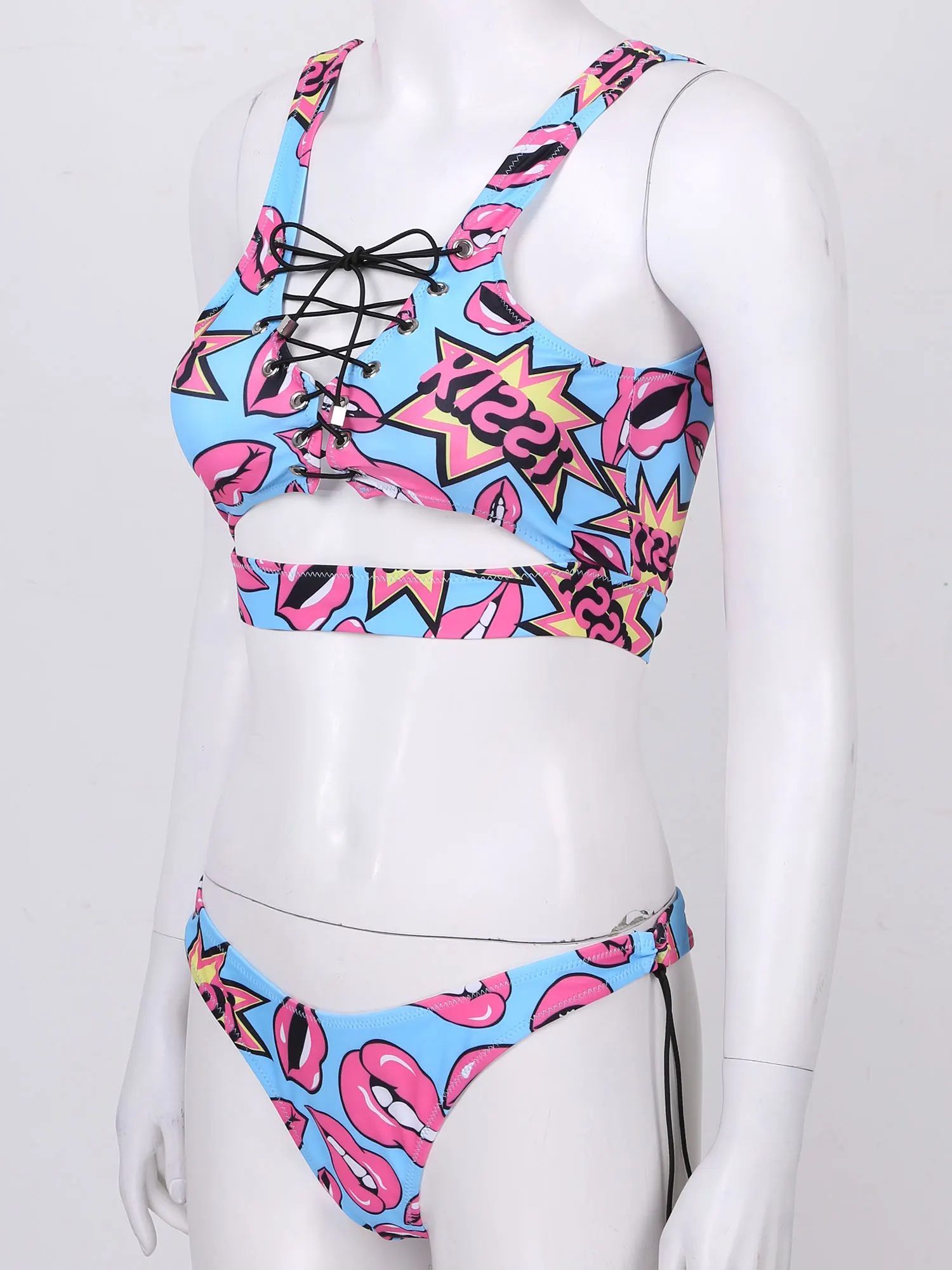 

Womens Sexy Lingerie Set Lace-Up Lips Printed Swimsuit Swimwear Two-Piece Beachwear Bathing Suit Padded Bra Tank Top with Briefs