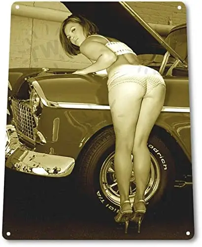 

PixDecor Work Heels Pinup Girl Sexy Hot Rod Car Garage Shop Man Cave Decor Metal Tin SignFunny Tin Sign Metal Sign Metal Decor