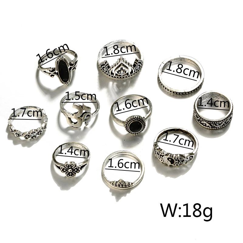 

10 Pcs Fashion Retro Vintage Carved Star Moon Yoga Symbol Rings